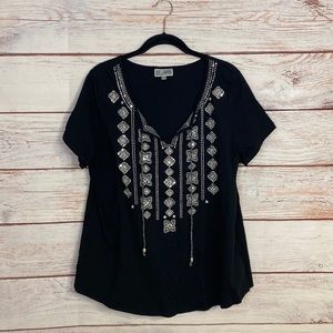 JM Collection Short Sleeve Black White Silver Sequin Shirt 1X